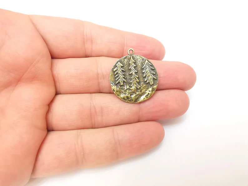 Bronze Pine Tree Charms, Forest Charms, Earring Charms, Bronze Pendant, Necklace Parts, Antique Bronze Plated 29x26mm G35854