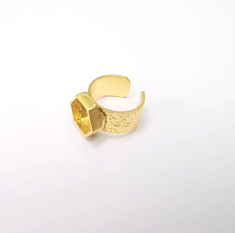 Gold Ring Hexagon Blank Setting, Cabochon Blank, Resin Bezel, Ring Mounting, Epoxy Frame Base, Adjustable Gold Plated 12mm G35856