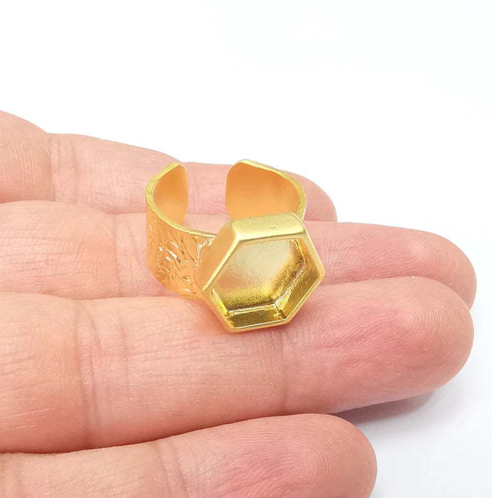 Gold Ring Hexagon Blank Setting, Cabochon Blank, Resin Bezel, Ring Mounting, Epoxy Frame Base, Adjustable Gold Plated 12mm G35856