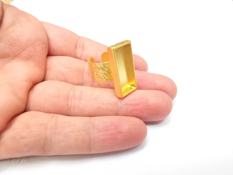 Gold Ring Rectangle Blank Setting, Cabochon Blank, Resin Bezel, Ring Mounting, Epoxy Frame Base, Adjustable Gold Plated 25x10mm G35857