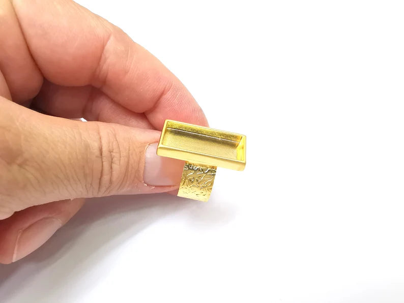 Gold Ring Rectangle Blank Setting, Cabochon Blank, Resin Bezel, Ring Mounting, Epoxy Frame Base, Adjustable Gold Plated 25x10mm G35857