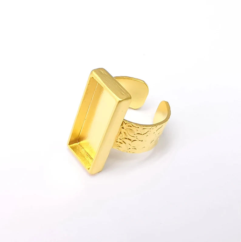 Gold Ring Rectangle Blank Setting, Cabochon Blank, Resin Bezel, Ring Mounting, Epoxy Frame Base, Adjustable Gold Plated 25x10mm G35857