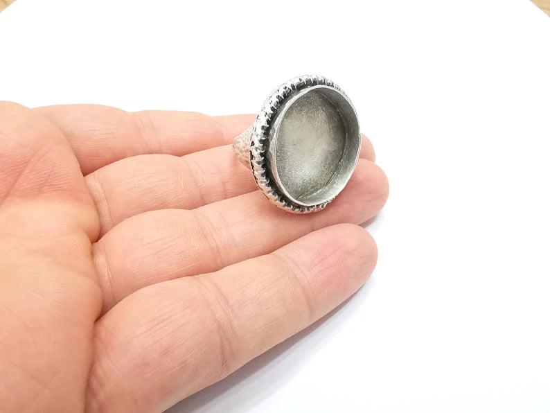 Round Ring Setting, Cabochon Blank, Resin Bezel, Round Ring Mounting, Epoxy Frame Base, Adjustable Antique Silver Plated Brass 24mm G35656