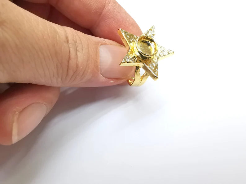 Shiny Gold Star Ring Setting, Cabochon Blank, Resin Bezel, Triangle Ring Mounting, Epoxy Frame Base, Adjustable Shiny Gold Plated 8mm G35658