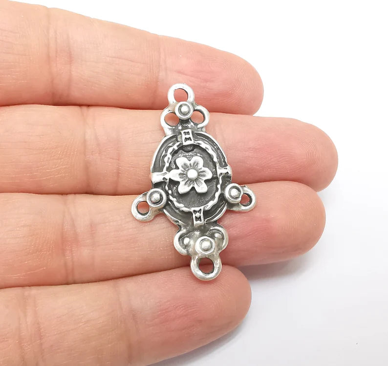 Silver Charms Connector, Boho Charms, Earring Charms, Silver Pendant, Ethnic Rustic Necklace Parts, Antique Silver Plated 40x25mm G35664