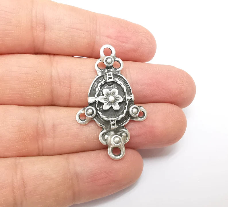 Silver Charms Connector, Boho Charms, Earring Charms, Silver Pendant, Ethnic Rustic Necklace Parts, Antique Silver Plated 40x25mm G35664