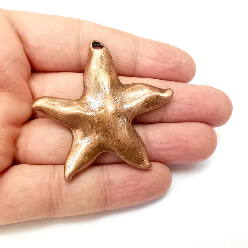 Copper Starfish Pendant, Nautical Pendant, Rustic Charm, Earring Charm, Copper Pendant, Necklace Parts, Antique Copper Plated 53x51mm G35665