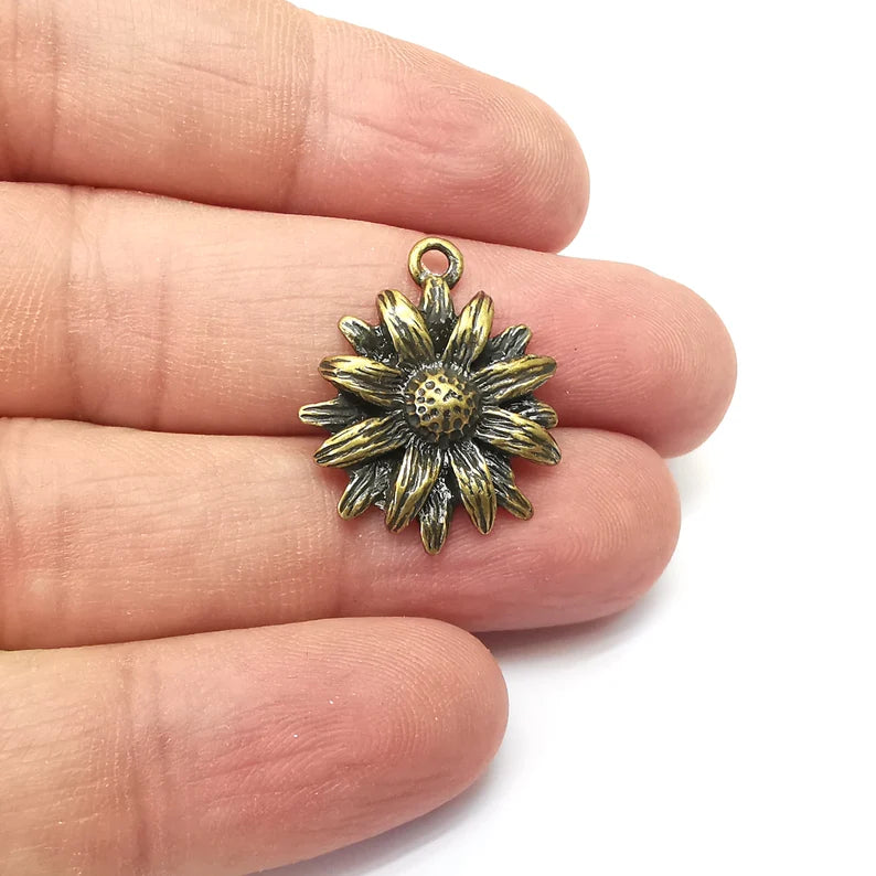 2 Bronze Flower Charms, Nature Charms, Dangle Charm, DIY Charms, Earring Charm, Necklace Parts, Antique Bronze Plated 26x22mm G35667