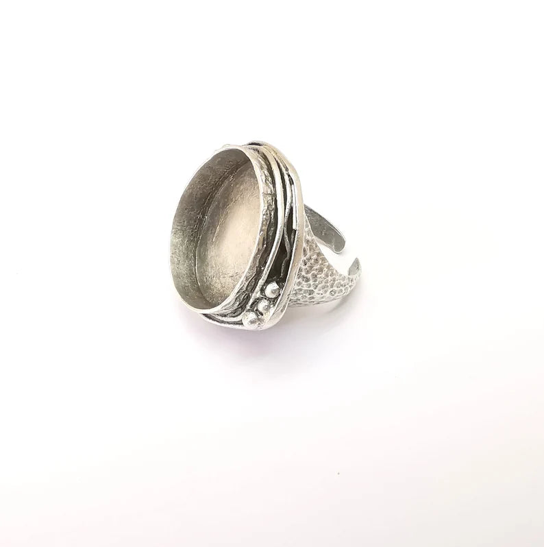 Round Ring Setting, Cabochon Blank, Resin Bezel, Round Ring Mounting, Epoxy Frame Base, Adjustable Antique Silver Plated Brass 24mm G35670