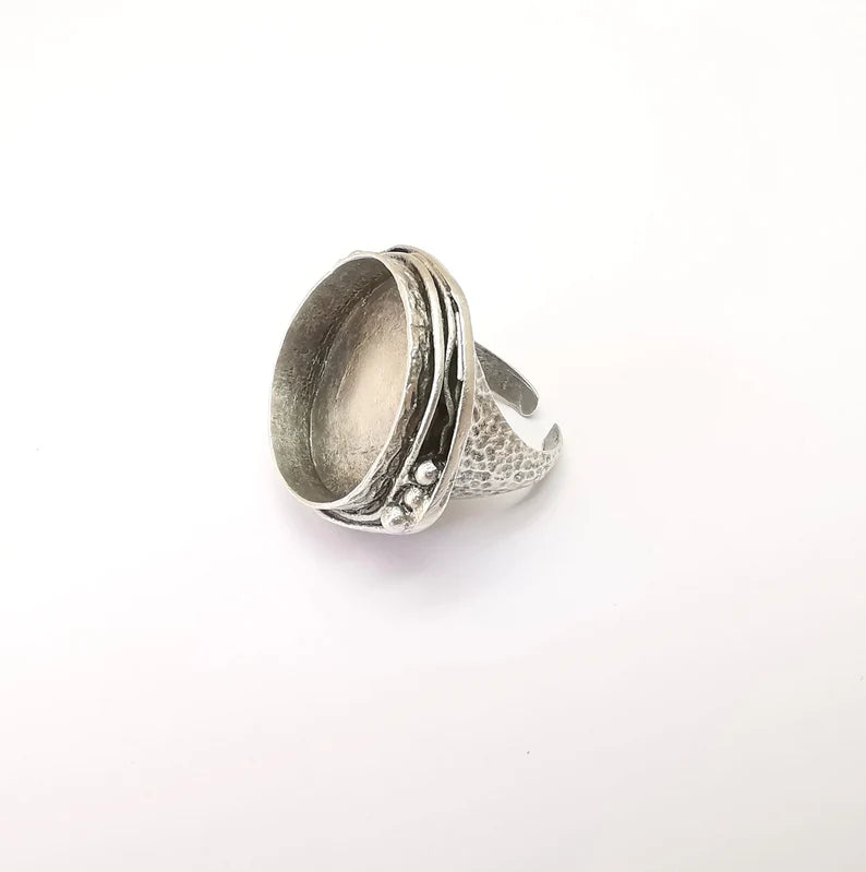 Round Ring Setting, Cabochon Blank, Resin Bezel, Round Ring Mounting, Epoxy Frame Base, Adjustable Antique Silver Plated Brass 24mm G35670