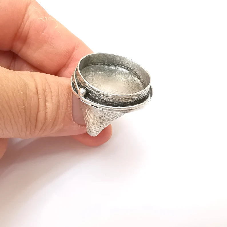 Round Ring Setting, Cabochon Blank, Resin Bezel, Round Ring Mounting, Epoxy Frame Base, Adjustable Antique Silver Plated Brass 24mm G35670