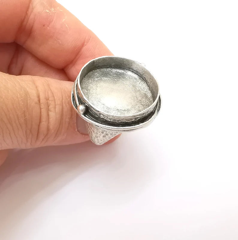 Round Ring Setting, Cabochon Blank, Resin Bezel, Round Ring Mounting, Epoxy Frame Base, Adjustable Antique Silver Plated Brass 24mm G35670