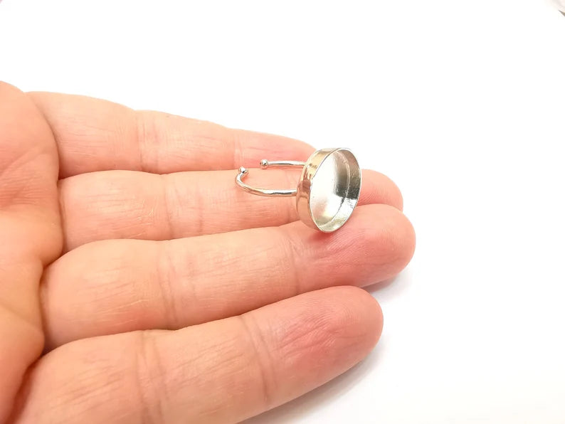 Shiny Silver Round Ring Setting, Cabochon Blank, Resin Bezel, Ring Mounting, Epoxy Frame Base, Adjustable Rhodium Plated Brass 16mm G35671