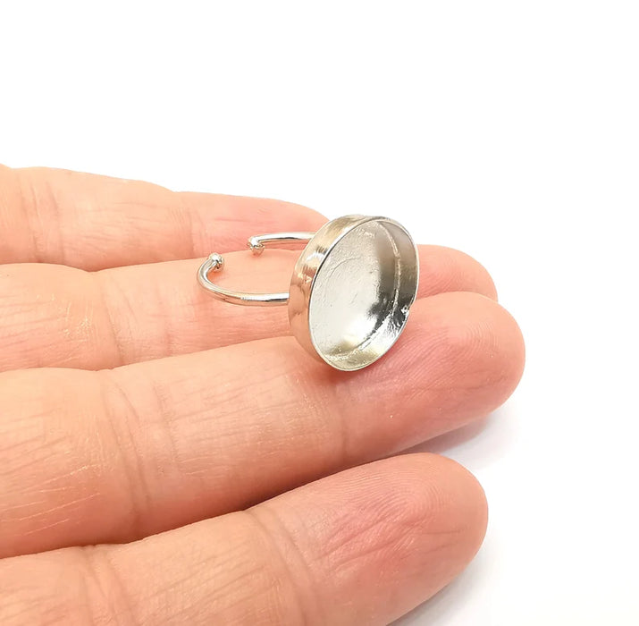 Shiny Silver Round Ring Setting, Cabochon Blank, Resin Bezel, Ring Mounting, Epoxy Frame Base, Adjustable Rhodium Plated Brass 16mm G35671