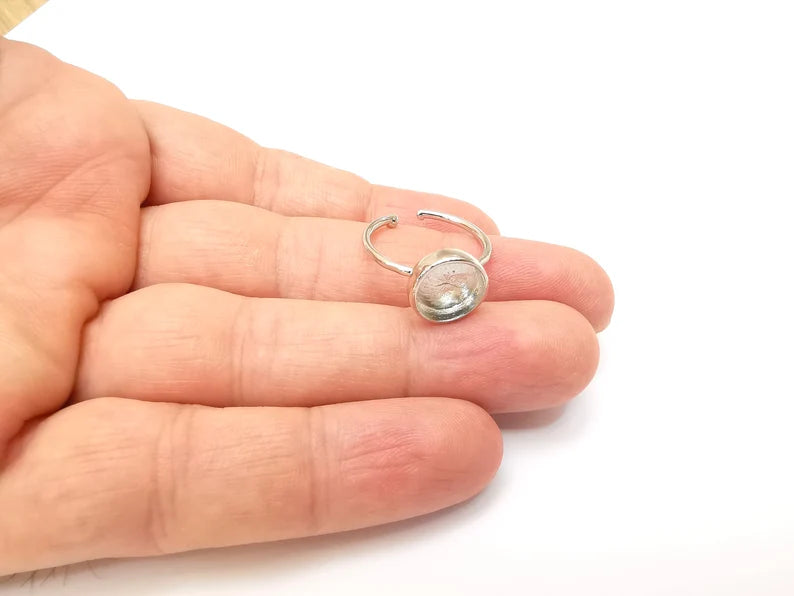 Shiny Silver Round Ring Setting, Cabochon Blank, Resin Bezel, Ring Mounting, Epoxy Frame Base, Adjustable Rhodium Plated Brass 10mm G35673