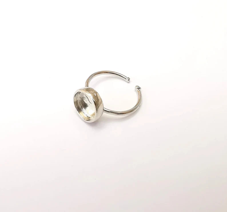 Shiny Silver Round Ring Setting, Cabochon Blank, Resin Bezel, Ring Mounting, Epoxy Frame Base, Adjustable Rhodium Plated Brass 10mm G35673