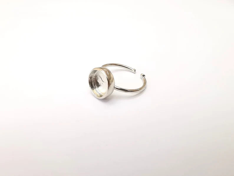 Shiny Silver Round Ring Setting, Cabochon Blank, Resin Bezel, Ring Mounting, Epoxy Frame Base, Adjustable Rhodium Plated Brass 10mm G35673