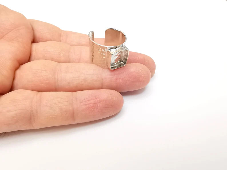 Shiny Silver Square Ring Setting, Cabochon Blank, Resin Bezel, Ring Mounting, Epoxy Frame Base, Adjustable Rhodium Plated Brass 10mm G35674