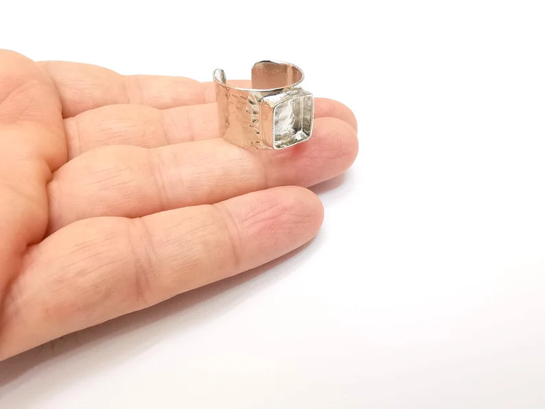 Shiny Silver Square Ring Setting, Cabochon Blank, Resin Bezel, Ring Mounting, Epoxy Frame Base, Adjustable Rhodium Plated Brass 10mm G35674