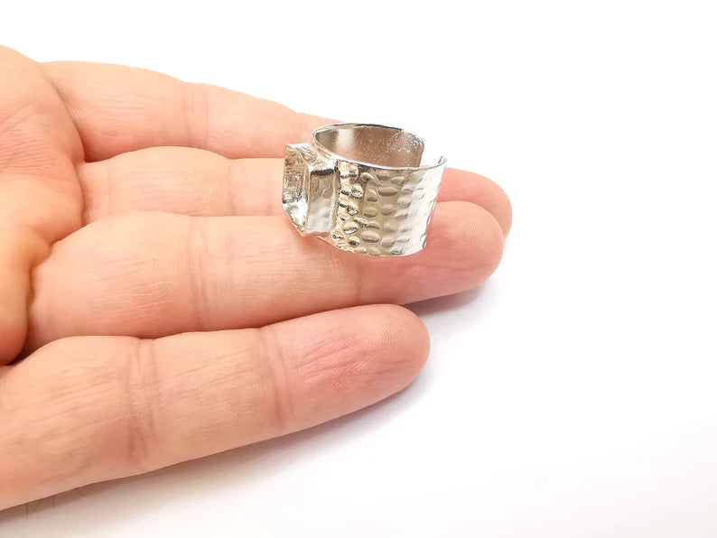 Shiny Silver Square Ring Setting, Cabochon Blank, Resin Bezel, Ring Mounting, Epoxy Frame Base, Adjustable Rhodium Plated Brass 10mm G35674