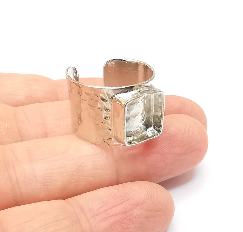 Shiny Silver Square Ring Setting, Cabochon Blank, Resin Bezel, Ring Mounting, Epoxy Frame Base, Adjustable Rhodium Plated Brass 10mm G35674