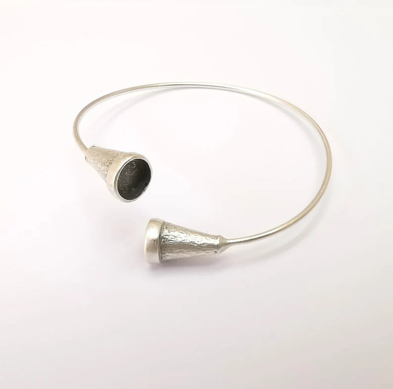 Wire Wrapped Ball Bracelet, Silver Cuff, Bangle Bezel, Resin Blank, Wristband Cabochon Base, Adjustable Antique Silver Brass (8mm) G35676