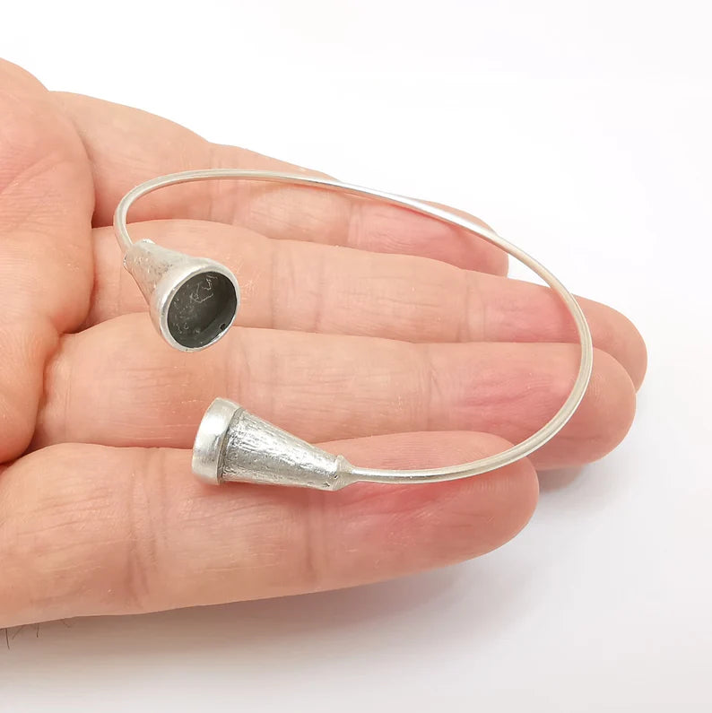 Wire Wrapped Ball Bracelet, Silver Cuff, Bangle Bezel, Resin Blank, Wristband Cabochon Base, Adjustable Antique Silver Brass (8mm) G35676