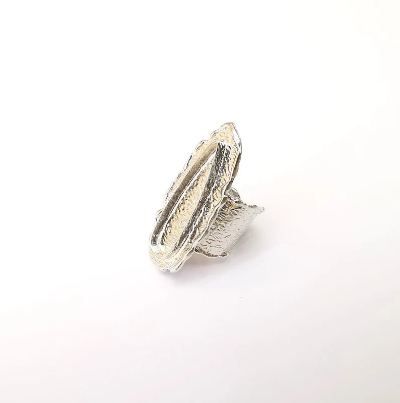 Shiny Silver Teardrop Ring Setting, Cabochon Blank, Resin Bezel Mounting, Epoxy Frame Base, Adjustable Rhodium Plated Brass 33x8mm G35677