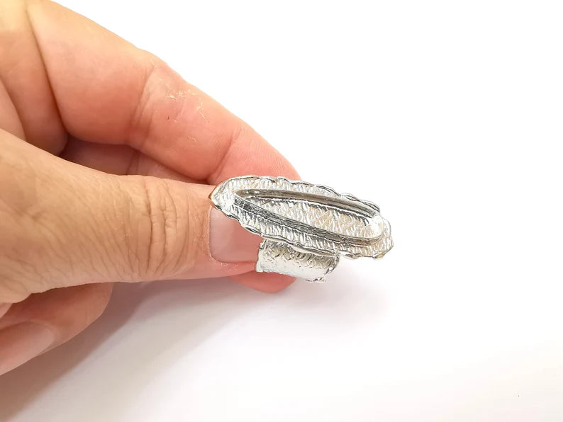 Shiny Silver Teardrop Ring Setting, Cabochon Blank, Resin Bezel Mounting, Epoxy Frame Base, Adjustable Rhodium Plated Brass 33x8mm G35677