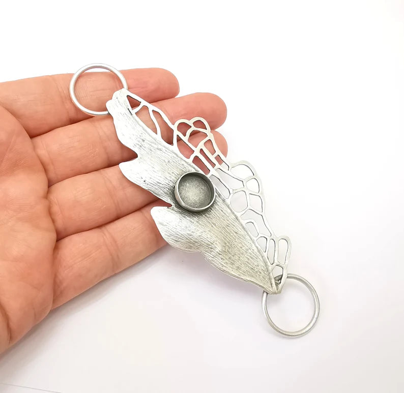 Large Leaf Collar Pendant Connector, Cabochon Blank, Locket Pendant Base, Resin Necklace, Antique Silver Plated Brass 131x48mm G35678