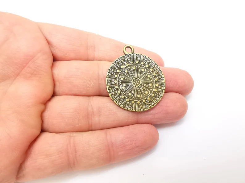 Bronze Pendant, Mandala Charms, Earring Charms, Dangle Pendant, Locket Pendant, Necklace Pendant, Antique Bronze Plated Metal 39x32mm G35681