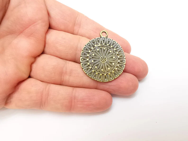 Bronze Pendant, Mandala Charms, Earring Charms, Dangle Pendant, Locket Pendant, Necklace Pendant, Antique Bronze Plated Metal 39x32mm G35681