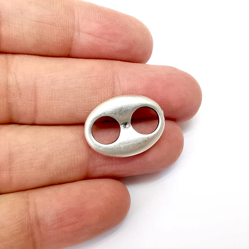 2 Two Hole Connector, Oval Jewelry Parts, Silver Bracelet Component, Antique Silver Finding, Antique Silver Plated Metal (22x16mm) G35690