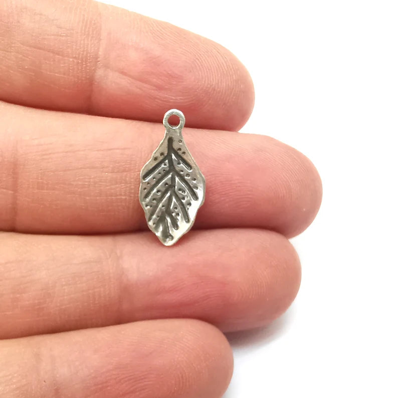 10 Silver Leaf Charms, Dangle Charms, Nature Earring Charms, Silver Rustic Pendant, Necklace Parts, Antique Silver Plated 20x10mm G35691