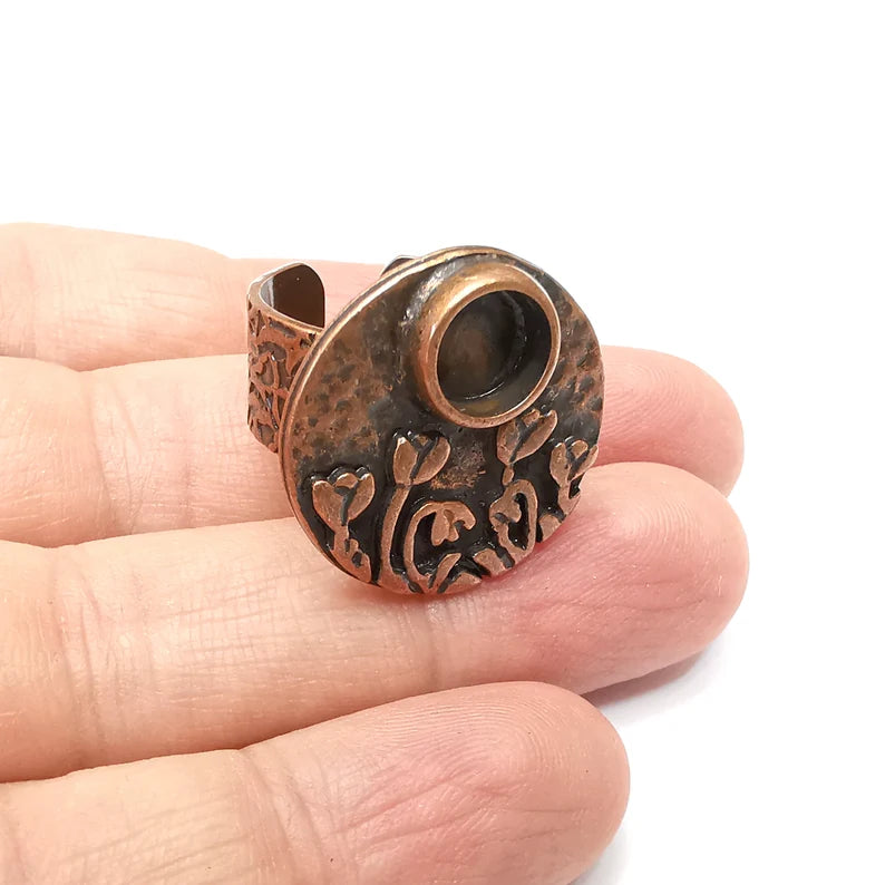 Flower Copper Ring Setting, Cabochon Blank, Resin Bezel, Round Ring Mounting, Epoxy Frame Base, Adjustable Antique Copper Plated 8mm G35698