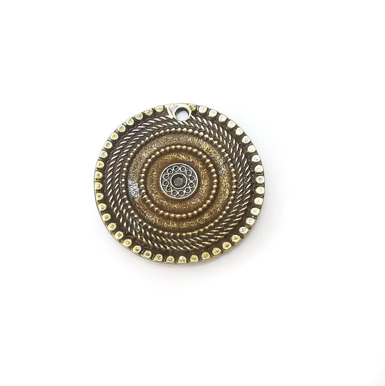 Bronze Disc Charms, Ethnic Charms, Jewelry Parts, Bracelet Component, Antique Bronze Plated Metal Charms (33mm) G35873