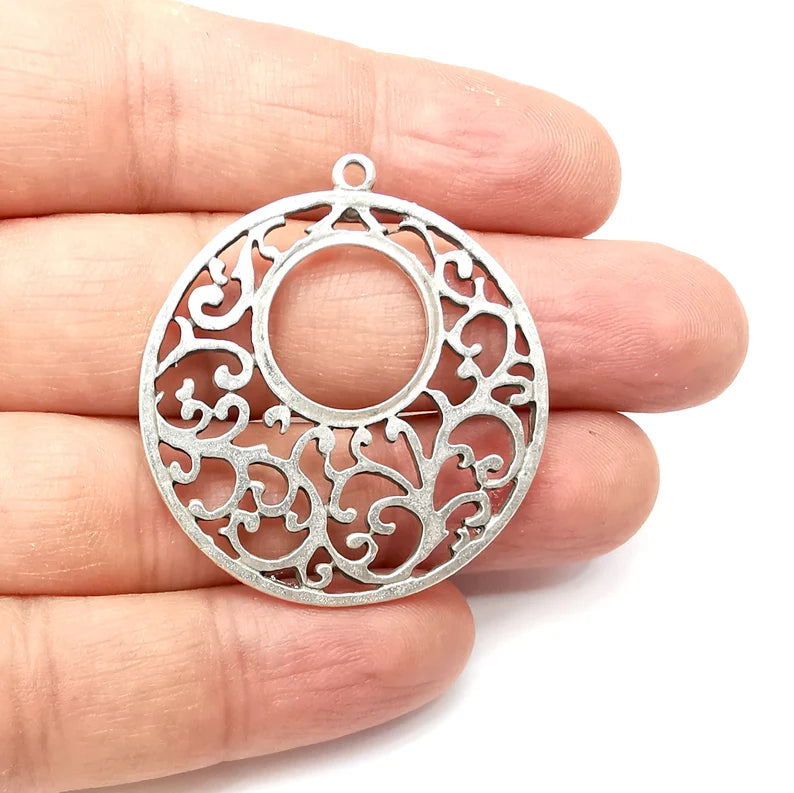 Branch Dangle Charms, Round Charms, Filigree Charms, Earring Charms, Silver Pendant, Necklace Parts, Antique Silver Plated 43x40mm G35714
