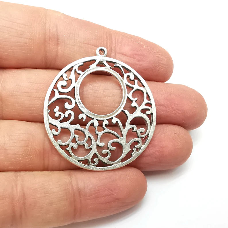 Branch Dangle Charms, Round Charms, Filigree Charms, Earring Charms, Silver Pendant, Necklace Parts, Antique Silver Plated 43x40mm G35714