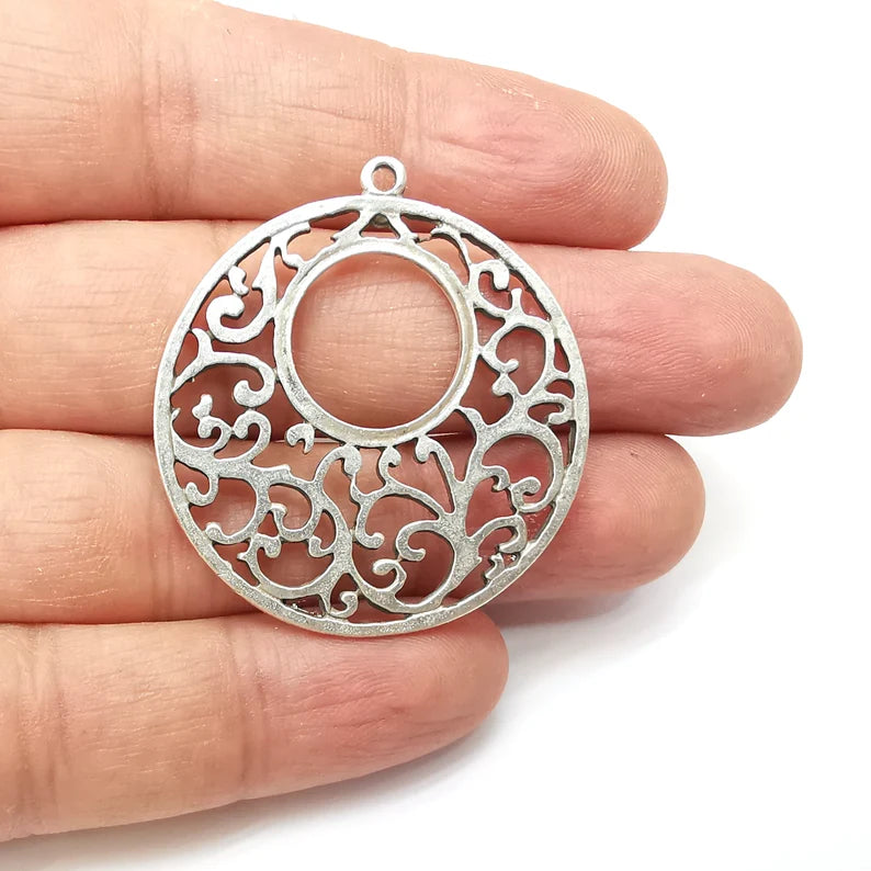 Branch Dangle Charms, Round Charms, Filigree Charms, Earring Charms, Silver Pendant, Necklace Parts, Antique Silver Plated 43x40mm G35714