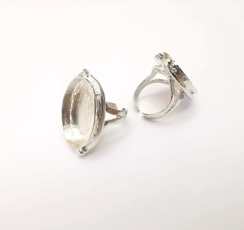 Shiny Silver Oval Ring Setting, Cabochon Blank, Resin Bezel, Ring Mounting, Epoxy Frame Base, Adjustable Rhodium Plated Brass 25x18mm G35719