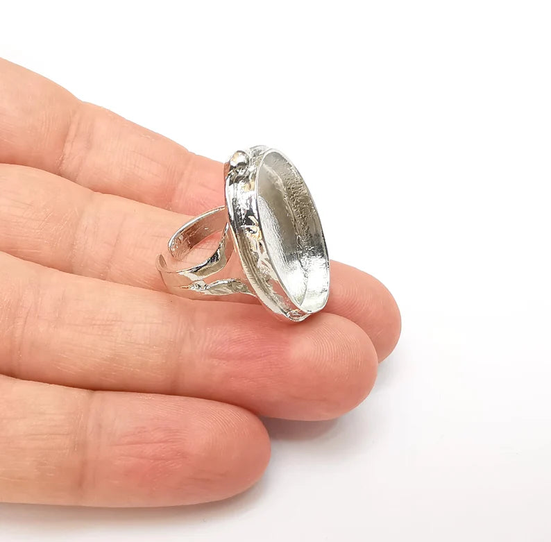 Shiny Silver Oval Ring Setting, Cabochon Blank, Resin Bezel, Ring Mounting, Epoxy Frame Base, Adjustable Rhodium Plated Brass 25x18mm G35719