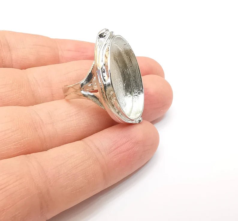 Shiny Silver Oval Ring Setting, Cabochon Blank, Resin Bezel, Ring Mounting, Epoxy Frame Base, Adjustable Rhodium Plated Brass 25x18mm G35719