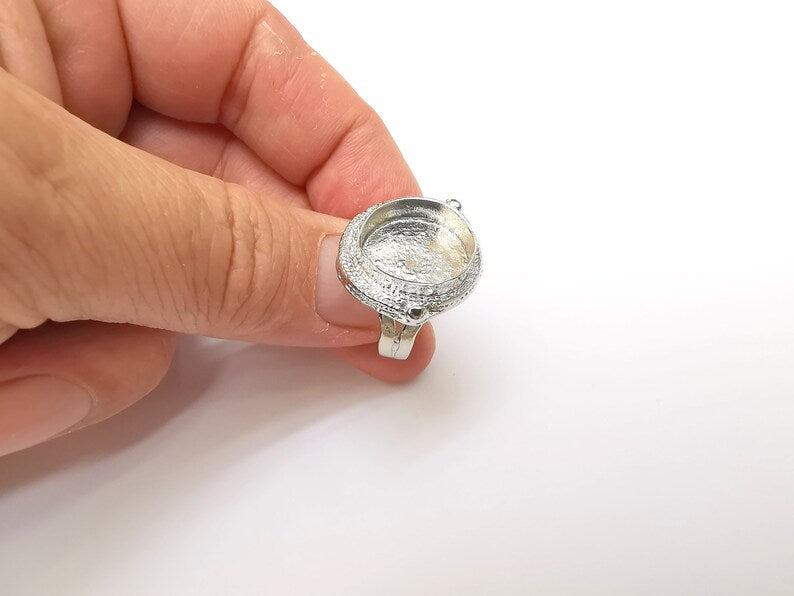 Shiny Silver Round Ring Setting, Cabochon Blank, Resin Bezel, Ring Mounting, Epoxy Frame Base, Adjustable Rhodium Plated Brass 16mm G35728