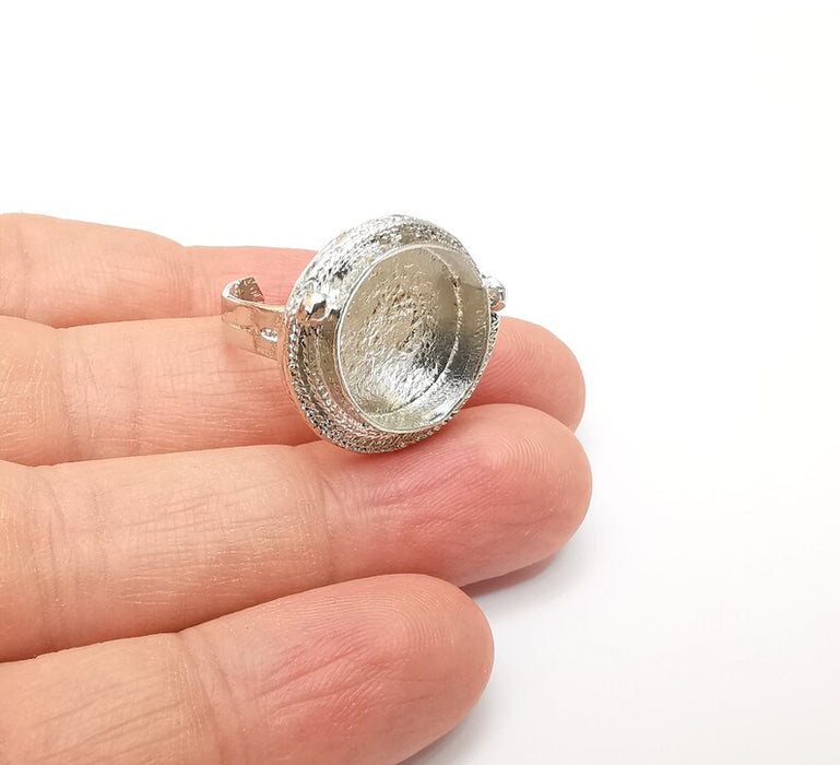 Shiny Silver Round Ring Setting, Cabochon Blank, Resin Bezel, Ring Mounting, Epoxy Frame Base, Adjustable Rhodium Plated Brass 16mm G35728