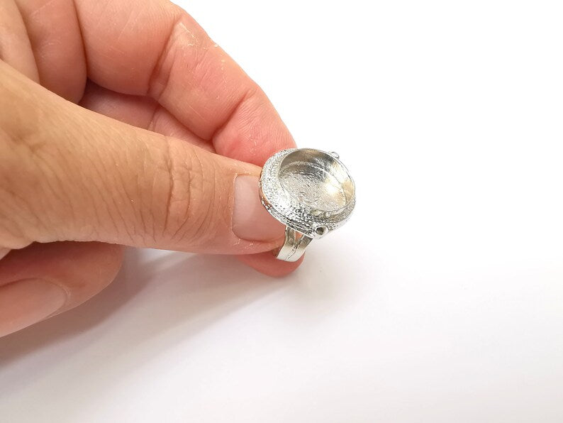 Shiny Silver Round Ring Setting, Cabochon Blank, Resin Bezel, Ring Mounting, Epoxy Frame Base, Adjustable Rhodium Plated Brass 16mm G35728