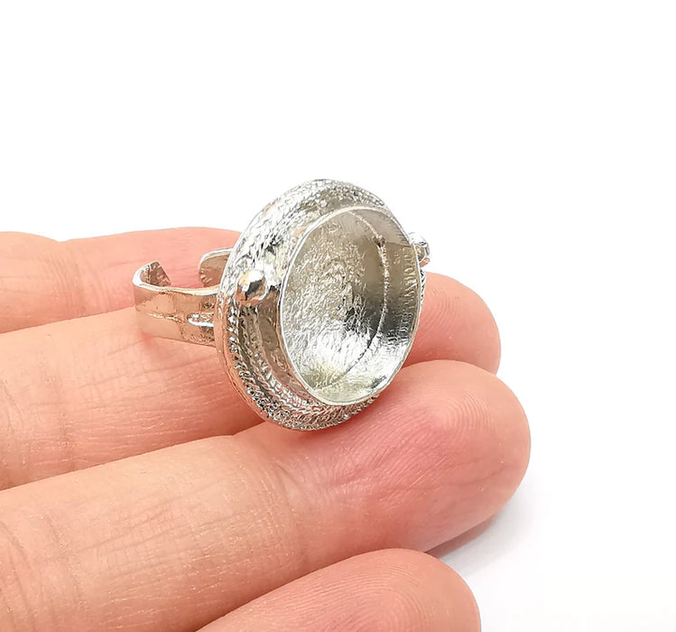 Shiny Silver Round Ring Setting, Cabochon Blank, Resin Bezel, Ring Mounting, Epoxy Frame Base, Adjustable Rhodium Plated Brass 16mm G35728