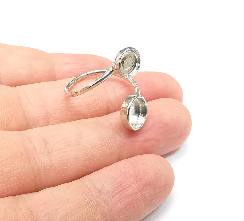 Shiny Silver Ring Setting, Cabochon Blank, Resin Bezel, Ring Mounting, Epoxy Frame Base, Adjustable Rhodium Plated Brass 6mm and 8mm G35882