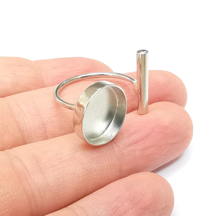 Shiny Silver Rod and Round Ring Setting, Cabochon Blank, Resin Bezel, Ring Mounting, Epoxy Base, Adjustable Rhodium Plated Brass 14mm G35885