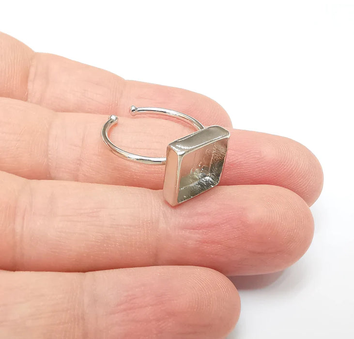 Shiny Silver Square Ring Setting, Cabochon Blank, Resin Bezel, Ring Mounting, Epoxy Frame Base, Adjustable Rhodium Plated Brass 10mm G35893