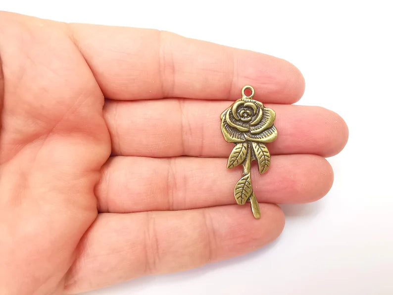 Rose Charms Flower Charms, Bronze Pendant, Earring Charms, Bronze Pendant, Necklace Pendant, Antique Bronze Plated Metal 42x17mm G35900